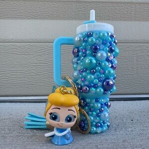 Mini hand bedazzled Stanley keychain with Cinderella doorable